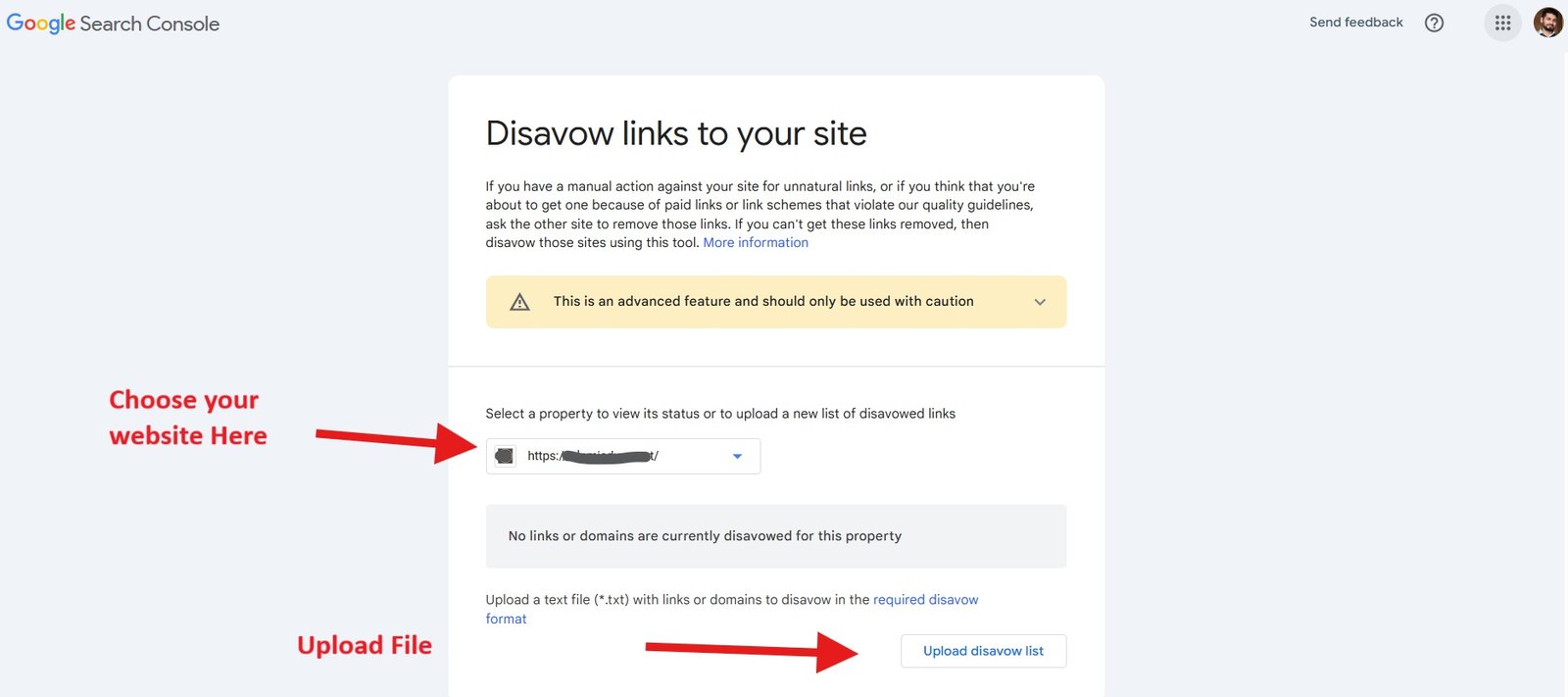 screenshot of google disavow tool page