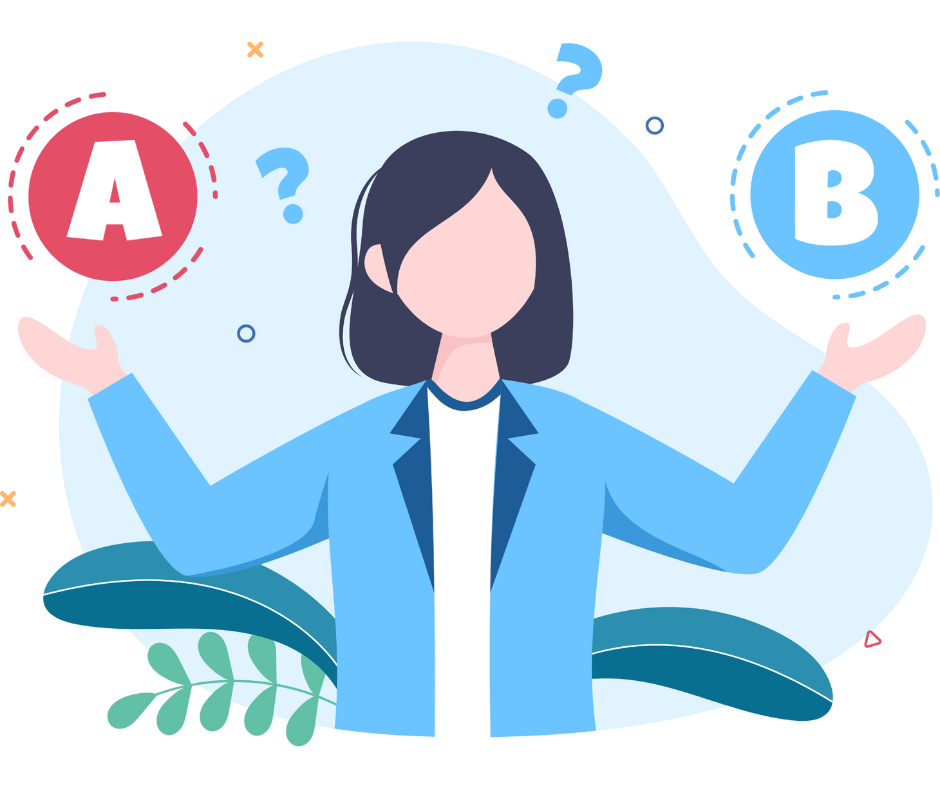 a female weighing option a and b between her hands