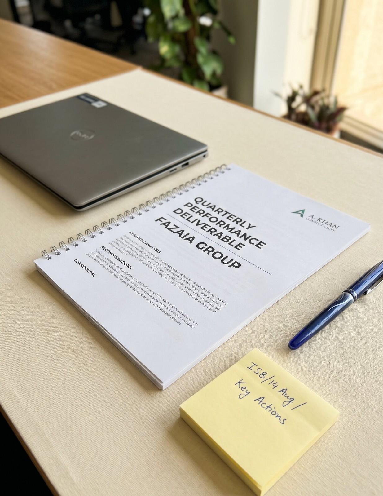 A neatly printed and annotated SEO audit report document on a clean desk with a pen, representing the actionable deliverable produced by ZaidSEO Pakistan's SEO audit service